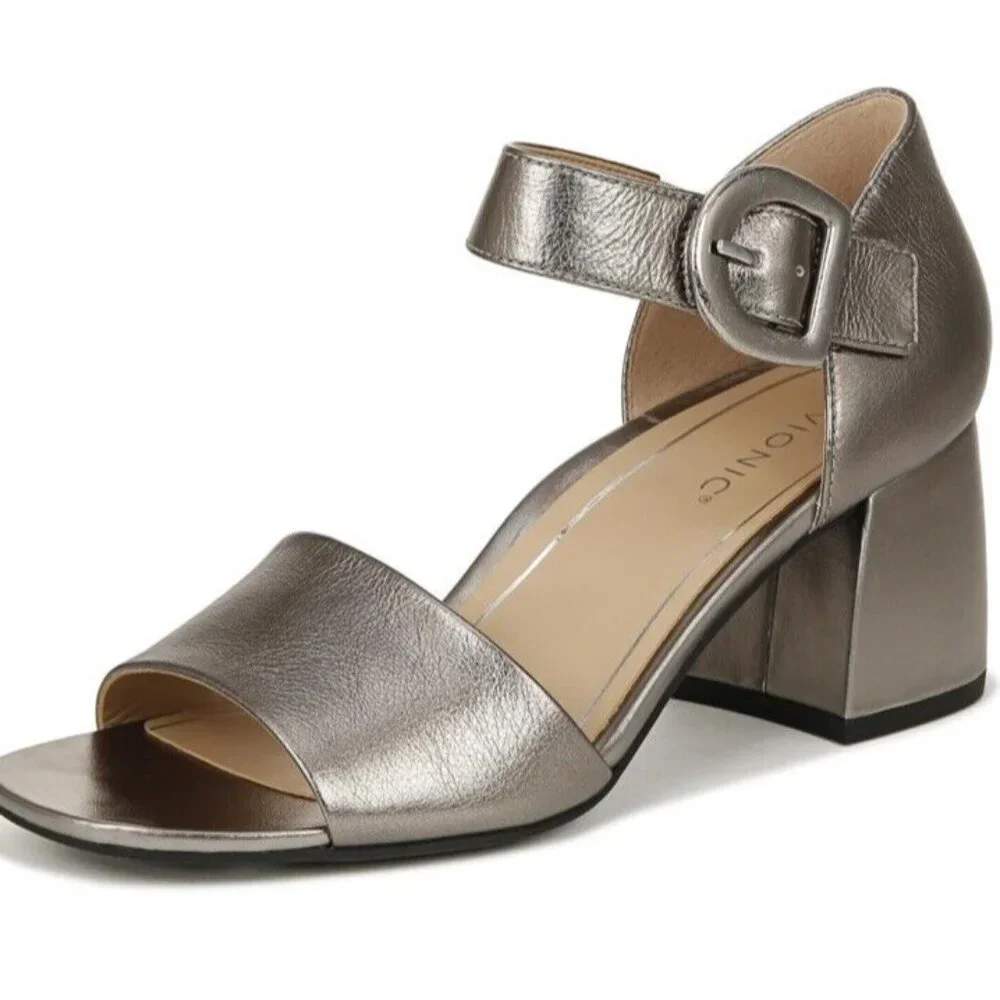 Vionic Chardonnay Leather Heeled Sandal‎ Womens 10 Medium Pewter Metallic New